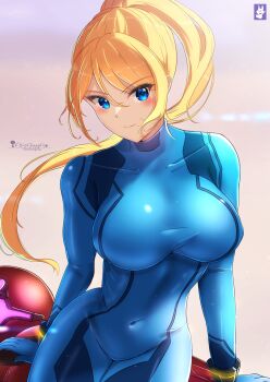1girl blonde_hair blue_bodysuit blue_eyes blush bodysuit breasts chinchongcha closed_mouth cowboy_shot high_ponytail highres impossible_bodysuit impossible_clothes large_breasts long_hair looking_at_viewer metroid metroid_prime_4:_beyond mole mole_under_mouth nintendo ponytail power_suit_(metroid) samus_aran skin_tight solo very_long_hair vi-o-la_suit zero_suit