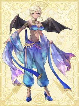 1girl armlet blonde_hair breasts choker copyright_request dancer dark-skinned_female dark_skin demon_wings earrings full_body harem_outfit harem_pants high_heels jewelry kusunokinawate medium_breasts navel official_art pants shawl solo standing tassel wings