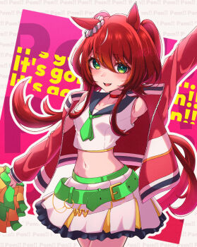 1girl absurdres alternate_costume alternate_hairstyle animal_ears armpits belt blush breasts cheerleader english_text genkai_made_pom_pon!! green_eyes hair_between_eyes hair_ornament highres horse_ears horse_tail looking_at_viewer midriff navel open_mouth pom_pom_(cheerleading) red_hair rhea_zmzm small_breasts solo tail umamusume white_background win_variation_(umamusume)