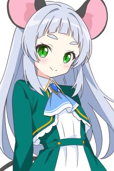 Rule 34 | 1girl, animal ears, ascot, blue ascot, blunt bangs, blush, closed mouth, commentary request, dot nose, dress, green dress, green eyes, grey hair, highres, jewelry, kotatsu-mazoku, long hair, long sleeves, looking at viewer, mouse ears, mouse girl, mouse tail, original, pendant, sidelocks, simple background, smile, solo, tail, thick eyebrows, upper body, white background