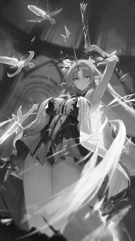 1girl absurdres arm_up armpit_crease black_collar black_dress blurry blurry_background blurry_foreground breast_curtains breasts collar commentary crown crown_of_thorns dress earrings fleurdelys_(wuthering_waves) floating_crown floating_earrings from_below greyscale highres hikimori_1 holding holding_sword holding_weapon horns jewelry large_breasts long_horns monochrome multiple_swords pointy_ears single_horn solo sword symbol-only_commentary tabard weapon white_tabard wuthering_waves