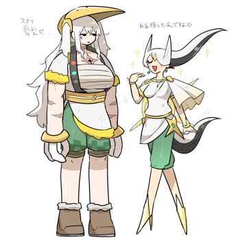 2girls arceus black_eyes black_hair blush_stickers bracelet breasts closed_eyes commentary cosplay earrings fewer_digits floating_hair gen_4_pokemon gold_bracelet green_shorts halo high_heels huge_breasts jewelry kasugai_(de-tteiu) legendary_pokemon long_hair makhia_(kasugai_(de-tteiu)) maria_(kasugai_(de-tteiu)) mask mask_on_head messy_hair multicolored_hair multiple_girls mythical_pokemon necklace nintendo personification pokemon regigigas regigigas_(cosplay) scar scar_on_arm scar_on_chest scar_on_neck shorts sparkle sparkling_aura spiked_hair spiked_halo stiletto_heels tail translated two-tone_hair two_side_up volo_(pokemon) volo_(pokemon)_(cosplay) white_hair