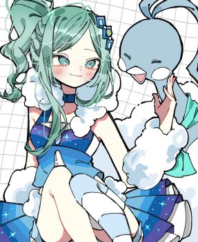 1girl altaria aqua_eyes aqua_hair aqua_neckerchief beak blue_choker blue_shirt blue_skirt blush choker commentary_request feathers fluffy fur_collar gen_3_pokemon grid_background hair_ornament ino_climate lisia_(pokemon) looking_at_another neckerchief nintendo open_mouth pokemon pokemon_(creature) pokemon_oras shirt shorts shorts_under_skirt simple_background single_thighhigh sitting skirt thighhighs upper_body white_arm_warmers white_background white_feathers