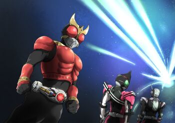 Rule 34 | 3boys, armor, black bodysuit, bodysuit, cowboy shot, hashtag-only commentary, helmet, highres, in-franchise crossover, kamen rider, kamen rider dcd, kamen rider decade, kamen rider kuuga, kamen rider kuuga (series), kamen rider zi-o, kamen rider zi-o (series), male focus, multiple boys, naitsupic, red armor, red eyes, rider belt, tokusatsu