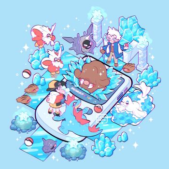 Rule 34 | 2boys, artist name, backpack, backwards hat, bag, black hair, blue coat, brown shoes, chibi, chibi only, closed mouth, cloyster, coat, commentary, delibird, dewgong, ethan (pokemon), gen 1 pokemon, gen 2 pokemon, hat, highres, holding, holding poke ball, ice, jacket, leaphere, long sleeves, male focus, multiple boys, nintendo, open clothes, open coat, pants, piloswine, poke ball, poke ball (basic), pokemon, pokemon (creature), pokemon gsc, pokemon hgss, pryce (pokemon), scarf, shellder, shoes, sparkle, standing, swinub, throne, white bag, white hair, white scarf