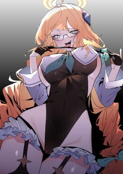 1girl absurdres black_leotard blue_archive blue_shrug braid braided_twintails crotchless crotchless_leotard feather_hair gloves half_gloves halo highres holding holding_riding_crop its2h35 leotard official_alternate_costume riding_crop shimiko_(blue_archive) shimiko_(magical)_(blue_archive) shrug_(clothing) solo super_highleg yellow_halo