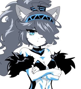 1girl animal_ears blue_eyes breasts cat_ears closed_mouth commentary_request crossed_arms dark_kasli_(nyanko_daisensou) grey_hair hair_over_eyes highres kasli_(nyanko_daisensou) looking_at_viewer navel nyanko_daisensou one_eye_covered rak_rak_yee signature solo upper_body