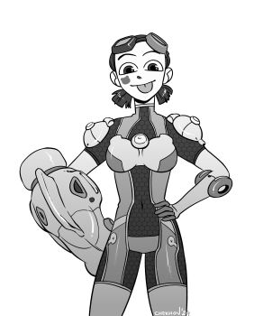 Rule 34 | 1girl, absurdres, area (arika), area (arika) (cosplay), arika, artist name, chekhov, cosplay, emi (fighting vipers), fighting ex layer, fighting vipers, fighting vipers 2, gauntlets, goggles, goggles on head, hand on own hip, highres, jumpsuit, mechanical arms, monochrome, non-web source, sega, short twintails, single mechanical arm, skin tight, solo, tongue, tongue out, twintails