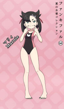 1girl absurdres alternate_costume aqua_eyes armpit_crease asymmetrical_bangs barefoot black_hair black_nails black_one-piece_swimsuit black_toenails breasts casual_one-piece_swimsuit character_name collarbone curled_fingers earrings eyelashes facing_viewer fankifalu feet female_focus fingersmile full_body hair_ornament hands_up happy highres index_finger_raised japanese_text jewelry knees legs long_hair looking_at_viewer marnie_(pokemon) nail_polish neck nintendo no_neckwear official_style one-piece_swimsuit pale_skin pigeon-toed pink_background pokemon pokemon_swsh print_swimsuit skin_tight small_breasts standing stud_earrings swimsuit thick_eyebrows thighs toenail_polish toenails toes twintails two-tone_one-piece_swimsuit undercut