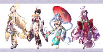 absurdly_long_hair black_hair blonde_hair blue_archive braid chise_(blue_archive) closed_eyes closed_mouth floating_hair floral_print full_body halo hand_fan highres holding holding_fan holding_umbrella horns japanese_clothes kaho_(blue_archive) kimono long_hair long_sleeves looking_at_viewer niya_(blue_archive) official_art open_mouth print_kimono purple_hair red_eyes riichu short_hair simple_background smile socks standing standing_on_one_leg tabi twin_braids umbrella very_long_hair white_background white_socks wide_sleeves yukari_(blue_archive)