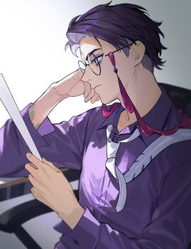 1boy black-framed_eyewear black_hair closed_mouth collared_shirt corbeau_(pokemon) eyewear_strap glasses head_rest holding holding_paper long_sleeves male_focus necktie nintendo paper parted_hair pokemon pokemon_legends:_z-a purple_hair purple_shirt reii_70707 round_eyewear shirt short_hair short_sideburns sideburns sitting solo undercut white_necktie yellow_eyes