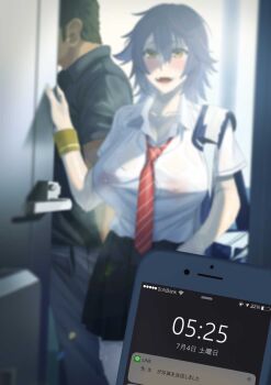 Rule 34 | aftersex, bag, black bean, breasts, cellphone, covered erect nipples, highres, japanese text, large breasts, large nipples, netorare, out of focus, phone, fake phone screenshot, school bag, school uniform, see-through clothes, see-through shirt, smartphone, sweat