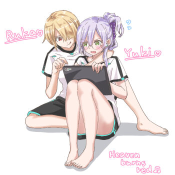 2girls 7cats :p barefoot brown_hair commentary_request english_text feet glasses green_eyes hair_over_one_eye heaven_burns_red izumi_yuki_(heaven_burns_red) kayamori_ruka long_hair multiple_girls on_ground red_eyes short_hair toenails toes tongue tongue_out