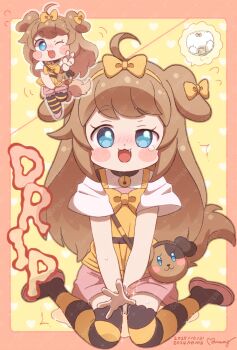 1girl :3 animal_ears bell black_choker blue_eyes blush bow brown_hair brown_thighhighs butter_(trickcal) choker commentary_request dog_ears dog_girl dog_tail dress ecstasy_mamo fang hair_bow have_to_pee jingle_bell loli long_hair miniskirt neck_bell one_eye_closed open_mouth panties pee peeing peeing_self pink_shoes pink_skirt shirt shoes short_sleeves sitting skirt spoken_object striped_clothes striped_thighhighs tail thighhighs trickcal underwear v wariza white_panties white_shirt yellow_bow yellow_dress