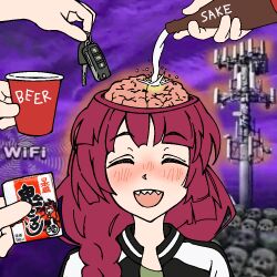 1girl 4others alcohol alcohol_carton beer black_jacket blush bocchi_the_rock! braid brain cellphone_tower_radiation_effects_(meme) cellular_tower closed_eyes cup disposable_cup hair_over_shoulder hiroi_kikuri holding holding_key jacket key long_hair meme multicolored_jacket multiple_others open_mouth pouring purple_background red_hair sake sharp_teeth single_braid smile solo_focus stirfriedspam teeth two-tone_jacket what white_jacket