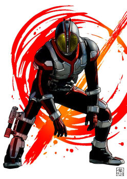 1boy armor bad_id bad_pixiv_id belt cel_shading commentary helmet highres kamen_rider kamen_rider_555 kamen_rider_faiz kyo_(osaka) male_focus neon_trim rider_belt signature solo squatting tokusatsu