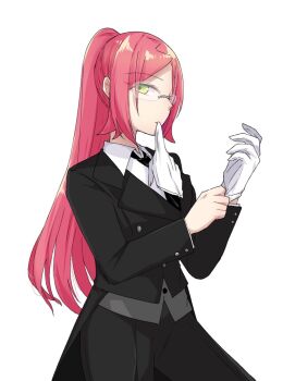 Rule 34 | 1girl, adjusting clothes, adjusting gloves, alternate costume, alternate hairstyle, assault lily, bespectacled, black jacket, black necktie, black pants, butler, buttons, closed mouth, collared shirt, commentary, cowboy shot, female butler, glasses, glove in mouth, gloves, green eyes, grey vest, hands up, high ponytail, jacket, long hair, long sleeves, looking at viewer, looking to the side, mouth hold, necktie, nigari (ngari 0115), pants, parted bangs, ponytail, red hair, rimless eyewear, shiba tomoshibi, shirt, sideways glance, simple background, single glove, solo, standing, symbol-only commentary, tailcoat, very long hair, vest, white background, white gloves, white shirt