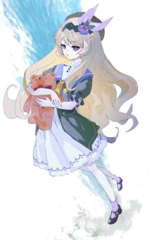 1girl :d black_hairband black_hat black_shoes blonde_hair commentary dragalia_lost dress e_elle_e flower full_body hair_flower hair_ornament hairband hat highres holding holding_stuffed_toy lathna long_hair looking_at_viewer open_mouth puffy_short_sleeves puffy_sleeves purple_eyes shoes short_sleeves smile socks solo stuffed_animal stuffed_toy symbol-only_commentary teddy_bear very_long_hair