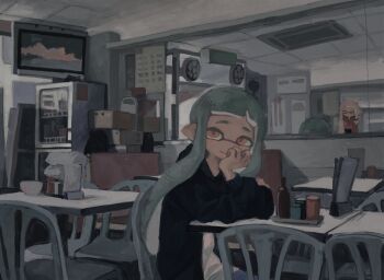 2girls agent_3_(splatoon) agent_3_(splatoon_3) black_hoodie braid chair closed_eyes closed_mouth diner dr_mice green_hair head_rest highres hood hoodie indoors inkling inkling_girl inkling_player_character long_hair long_sleeves looking_at_viewer mirror multiple_girls nintendo pov red_eyes side_braid sitting splatoon_(series) splatoon_3 table television tentacle_hair