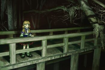 Rule 34 | 1girl, bare tree, blonde hair, bridge, commentary request, dark, green eyes, highres, kihaji140, looking down, medium hair, mizuhashi parsee, night, outdoors, platform, pointy ears, scenery, shadow, solo, touhou, tree, wooden bridge, wooden floor