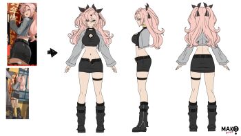 1girl absurdres arrow_(symbol) black_boots black_ribbon black_skirt boots breasts cleavage cleavage_cutout closed_mouth clothing_cutout commentary commentary_request crop_top cropped_jacket english_commentary green_eyes grey_jacket hair_between_eyes hair_ornament hair_ribbon hairclip highres jacket kurimako large_breasts long_hair long_sleeves looking_at_viewer miniskirt mixed-language_commentary mole mole_on_breast mole_under_eye multiple_views navel nicole_demara open_clothes open_jacket parallel_hairclips parted_bangs pink_hair reference_inset ribbon simple_background skirt smile thigh_strap turnaround two_side_up white_background zenless_zone_zero