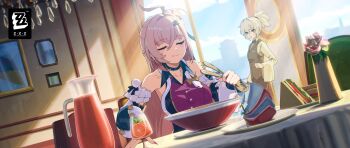 Rule 34 | 2girls, ahoge, blonde hair, chalky (zenless zone zero), cissia (zenless zone zero), closed eyes, eating, hair between eyes, hair ornament, highres, long hair, multiple girls, official art, one side up, open mouth, pom pom (clothes), pom pom hair ornament, smile, snake, soldier 11 (zenless zone zero), white snake, zenless zone zero