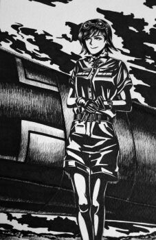 1girl afrika_korps aircraft airplane balkenkreuz bob_cut bordfunker133 breast_pocket breasts cougar_pattern cougar_pattern_foulard cross dress_shirt feet_out_of_frame fighter_jet foulard genderswap genderswap_(mtf) goggles goggles_on_head greyscale hans-joachim_marseille highres holding_own_hand iron_cross knees leather_belt looking_to_the_side luftwaffe marseille-chan_(bordfunker133) medium_hair military military_vehicle monochrome original photo_(medium) pocket real_life shirt short_sleeves shorts shoulder_boards small_breasts smile soldier solo world_war_ii