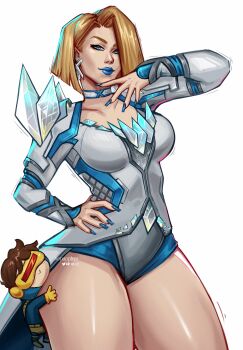 Rule 34 | 1girl, absurdres, blonde hair, blue eyes, blue lips, blue nails, breasts, choker, cleavage, cyclops (x-men), earrings, emma frost, gloves, highres, hug, jewelry, kenapplepi, large breasts, leotard, lipstick, looking at viewer, makeup, marvel, marvel rivals, short hair, smile, thick thighs, thighs, x-men
