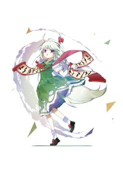 Rule 34 | 1girl, absurdres, black shoes, bow, commentary, commission, dress, ex-keine, full body, green dress, green hair, highres, horn bow, horn ornament, horns, kamishirasawa keine, looking at viewer, open mouth, pixiv commission, puffy short sleeves, puffy sleeves, red bow, red eyes, scroll, shoes, short sleeves, sia 6767, socks, solo, tail, touhou, white socks