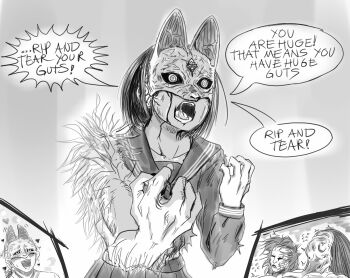 1boy 1girl character_request doom_(series) fox_hinako fox_mask fox_mask_(silent_hill) grey_background greyscale highres large_arm long_sleeves mask monochrome pleated_skirt rip_and_tear_(phrase) sailor_collar school_uniform shimizu_hinako silent_hill_(series) silent_hill_f skirt spoilers torn_clothes viperxtr