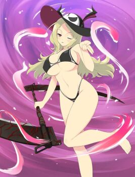 1girl barefoot bikini black_bikini black_panties blonde_hair blue_eyeshadow blush breasts cleavage energy eyeshadow gradient_background groin hair_ornament hairclip hat heart holding holding_scythe holding_weapon large_breasts light_particles linea_alba long_hair looking_at_viewer makeup micro_bikini mole mole_under_mouth navel official_art one_eye_closed panties parted_lips pink_background purple_background red_eyes scythe senran_kagura senran_kagura_new_wave senran_kagura_shinovi_versus shiki_(senran_kagura) skull solo spiral_background standing swimsuit thong_bikini underboob underwear vortex weapon white_trim yaegashi_nan