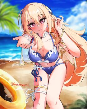 1girl absurdres beach blonde_hair breasts commentary_request heaven_burns_red highres innertube large_breasts long_hair looking_at_viewer reaching reaching_towards_viewer shirakawa_yuina shiranami swim_ring swimsuit thigh_strap