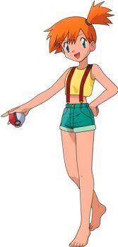 1girl ai-assisted bare_arms bare_legs barefoot blue_eyes feet gym_leader midriff misty_(pokemon) nintendo official_art orange_hair poke_ball pokemon pokemon_(anime) self-upload short_shorts shorts simple_background suspender_shorts suspenders third-party_edit toes white_background