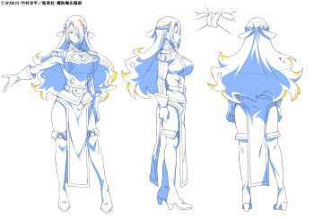 1girl azuma_fubuki boots breasts cleavage cleavage_cutout clothing_cutout commentary_request from_behind full_body gloves hair_ornament highres large_breasts long_bangs long_hair looking_to_the_side mato_seihei_no_slave mature_female multiple_views nakano_keiya pelvic_curtain reference_sheet standing