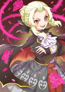 1girl absurdres ascot black_cape black_jacket black_ribbon blonde_hair cape commentary_request crossed_arms fangs flower gold_trim hair_bun hair_ribbon heterochromia highres jacket jikkyou_powerful_pro_yakyuu kamira_misa looking_at_viewer open_clothes open_jacket open_mouth pawahotel3021 petals pink_flower pink_petals pointy_ears power_pro_appli red_eyes red_skirt ribbon shirt single_hair_bun skirt solo teeth thorns upper_teeth_only vampire white_ascot white_shirt yellow_eyes