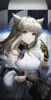 Rule 34 | 1girl, ahoge, animal ears, arknights, arknights: endfield, azureol, bare shoulders, black gloves, blue eyes, blunt bangs, breasts, commentary request, dress, extra ears, gloves, grey hair, hand up, highres, holding, jacket, long hair, long sleeves, looking at viewer, off shoulder, open clothes, open jacket, parted lips, perlica (arknights), sleeveless, sleeveless dress, solo, white dress, white jacket