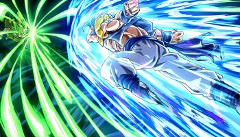 2boys absurdres aura battle black_vest blue_hair blue_sash broly_(dragon_ball_super) clenched_hands dragon_ball dragon_ball_super dragon_ball_super_broly gogeta green_hair highres legendary_super_saiyan male_focus medium_hair metamoran_vest multiple_boys nishitakuart no_shirt open_clothes open_vest pants sash solo_focus spiked_hair super_saiyan super_saiyan_blue topless_male vest white_pants