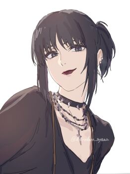 Rule 34 | 1girl, black choker, black hair, black lips, black shirt, choker, closed mouth, commentary request, cross, cross necklace, darao (daradara suyaaa), ear piercing, earrings, goth fashion, grey eyes, highres, jewelry, lips, looking at viewer, mikasa ackerman, necklace, piercing, shingeki no kyojin, shirt, short hair, sidelocks, solo, spiked choker, spikes, twintails, twitter username, upper body, white background