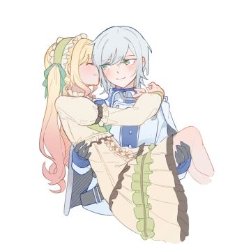 2girls arms_around_neck black_gloves blonde_hair blush carrying catricius closed_eyes closed_mouth commentary dress gloves gradient_hair green_eyes grey_hair hashtag-only_commentary highres hinomori_shiho jacket multicolored_hair multiple_girls pink_hair princess_carry project_sekai short_hair simple_background smile tenma_saki twintails white_background white_jacket yellow_dress yuri