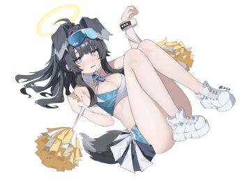 Rule 34 | 1girl, absurdres, animal ears, black hair, black skirt, blue-tinted eyewear, blue archive, blue eyes, blue sports bra, breasts, cleavage, commentary, dog ears, dog girl, dog tail, eyewear on head, halo, hibiki (blue archive), hibiki (cheer squad) (blue archive), highres, holding, holding pom poms, large breasts, legs up, long hair, looking at viewer, multicolored skirt, multicolored sports bra, official alternate costume, official alternate hairstyle, pleated skirt, pom pom (cheerleading), pom poms, ponytail, shoes, skirt, sneakers, solo, sports bra, sunglasses, tail, tinted eyewear, white shoes, white skirt, white sports bra, xiaoxiaoyifan, yellow halo