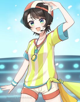 1girl :d aqua_eyes arm_at_side backwards_hat baseball_cap blue_eyes blush brown_hair cowboy_shot earpiece hachikuma_(waddle-d) hand_up hat highres hololive long_shirt looking_afar looking_ahead loose_clothes loose_shirt megaphone oozora_subaru oozora_subaru_(1st_costume) open_mouth oversized_clothes oversized_shirt red_hat shading_eyes shirt short_hair shorts smile solo stage stopwatch stopwatch_around_neck striped_clothes striped_shirt swept_bangs t-shirt towel two-tone_headwear two-tone_shirt vertical-striped_clothes vertical-striped_shirt virtual_youtuber watch whistle whistle_around_neck white_hat white_shirt white_shorts wristband yellow_shirt