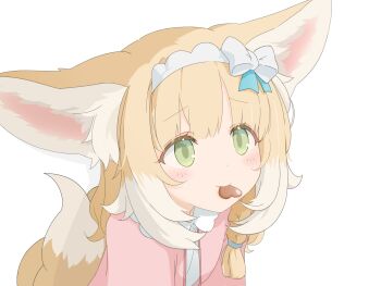 Rule 34 | 1girl, animal ears, arknights, blonde hair, bow, candy, chocolate, chocolate heart, commentary request, fie in b86, food, grey hair, hairband, heart, heart-shaped food, highres, light blush, looking ahead, medium hair, mouth hold, pink shirt, shirt, simple background, solo, suzuran (arknights), tail, upper body, valentine, white background, white bow, white hairband