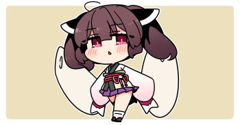 Rule 34 | 1girl, ahoge, blush, border, brown hair, chibi, chibi only, full body, headgear, ini (inunabe00), japanese clothes, kimono, kiritanpo (food), long sleeves, looking at viewer, miniskirt, obi, obijime, okobo, open mouth, outline, outside border, platform sandals, pleated skirt, purple skirt, red eyes, red sash, sandals, sash, short hair, simple background, skirt, sleeves past fingers, sleeves past wrists, socks, solo, standing, tabi, touhoku kiritan, triangle mouth, voiceroid, white border, white kimono, white outline, white socks, wide sleeves, yellow background
