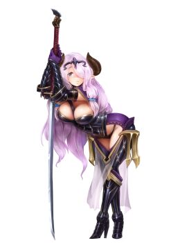 1boy 1girl barbariank between_breasts breasts camilla_(fire_emblem) cleavage cosplay costume_switch cow_horns draph fire_emblem fire_emblem_fates granblue_fantasy hair_over_one_eye high_heels horns katana large_breasts leaning_forward long_hair looking_at_viewer narmaya_(granblue_fantasy) nintendo one_eye_covered pink_hair purple_eyes solo strap_between_breasts sword tiara transparent_background weapon