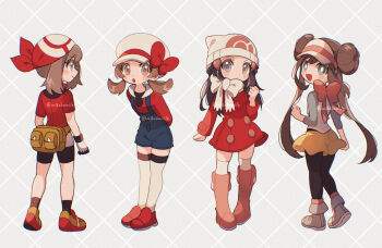 4girls bandana beanie bike_shorts black_hair black_pantyhose blue_eyes blue_overalls blush boots bow breasts brown_eyes brown_hair coat dawn_(pokemon) donut_hair_bun double_bun fanny_pack full_body gloves hair_bun hair_ornament hairband hairclip hat hat_bow highres knee_boots long_hair looking_at_viewer lyra_(pokemon) may_(pokemon) mikakami1e multiple_girls newsboy_cap nintendo open_mouth overalls pantyhose pantyhose_under_shorts pink_boots pokemon pokemon_bw2 pokemon_dppt pokemon_hgss pokemon_rse raglan_sleeves red_bandana red_coat red_shirt ribbon rosa_(pokemon) scarf shirt short_hair shorts shorts_under_shorts smile thighhighs twintails visor_cap white_hat yellow_shorts