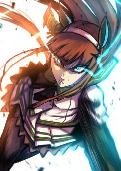 1girl absurdres animal_ears black_bow black_gloves black_pantyhose blue_eyes blunt_bangs bow ear_covers eye_trail gloves green_sailor_collar hairband hasewo highres hime_cut horse_ears horse_girl horse_tail light_trail long_hair long_sleeves looking_at_viewer orange_hair orange_tail pantyhose parted_lips pleated_skirt running sailor_collar shirt silence_suzuka_(innocent_silence)_(umamusume) silence_suzuka_(umamusume) skirt solo sweat tail umamusume white_hairband white_shirt white_skirt