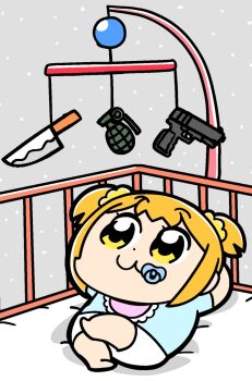 Rule 34 | 1girl, :3, arms behind head, arms up, barefoot, bib, bkub, chibi, chibi only, closed mouth, commentary, crib, crossed legs, dot nose, explosive, grenade, gun, hair ornament, hair scrunchie, handgun, highres, knife, mobile, official art, orange hair, pacifier, poptepipic, popuko, scrunchie, short hair, short twintails, smile, solo, twintails, weapon, yellow eyes, yellow scrunchie
