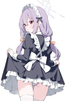 1girl absurdres alternate_costume apron atsuko_(blue_archive) back_bow black_dress blue_archive blush bow chinese_commentary commentary_request cowboy_shot dress enmaided frilled_apron frilled_dress frills from_behind hair_between_eyes hair_bow halo highres juliet_sleeves jyt long_hair long_sleeves looking_at_viewer looking_back low_twintails maid maid_apron maid_headdress making-of_available painttool_sai_(medium) panties parted_lips puffy_sleeves purple_hair red_eyes sidelocks simple_background skirt_hold solo thighhighs turning_head twintails underwear white_apron white_background white_bow white_halo white_headdress white_panties white_thighhighs yellow_bow