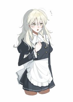 1girl apron back_bow black_skirt black_vest blonde_hair bow braid breasts commentary_request frilled_apron frills highres juliet_sleeves kirisame_marisa long_hair long_sleeves mati100311 no_headwear open_mouth puffy_sleeves side_braid simple_background single_braid skirt solo touhou vest waist_apron white_apron white_background white_bow yellow_eyes