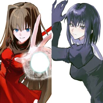 2girls aozaki_aoko black_eyes black_hair blue_eyes brown_hair dress hair_intakes highres kuonji_alice layered_clothes long_hair magic mahou_tsukai_no_yoru multiple_girls short_hair sweater turtleneck turtleneck_sweater woodsheep59366